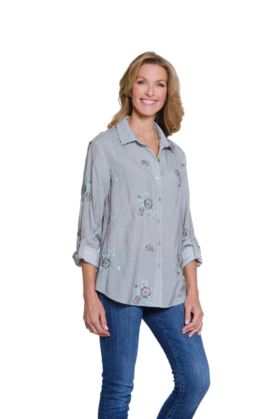 Multiples Roll Tab L/S Button Front W/Embroidery Stone