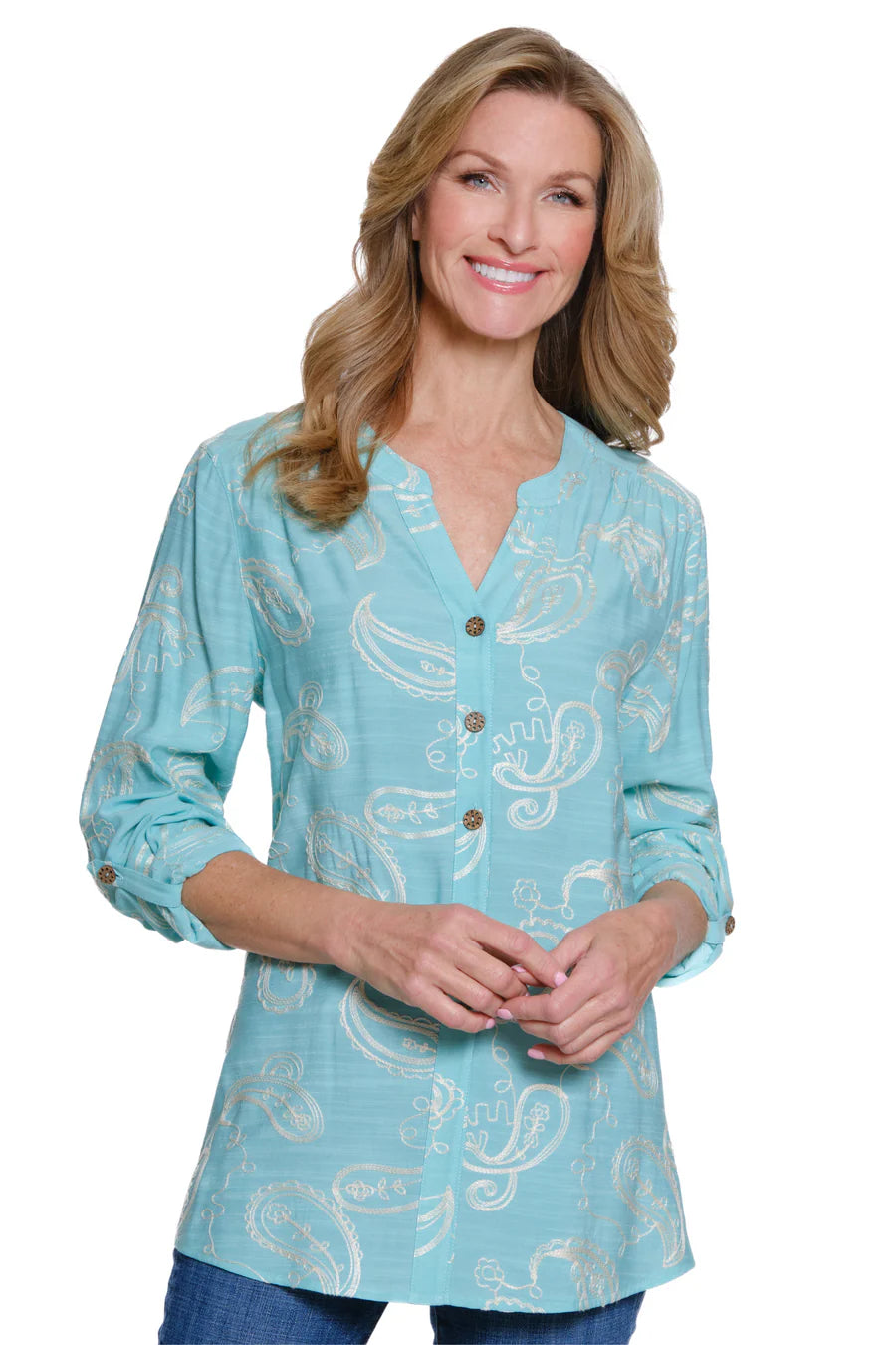 Multiples Tab Sleeve Tie Front Button Up Shirt Seafoam