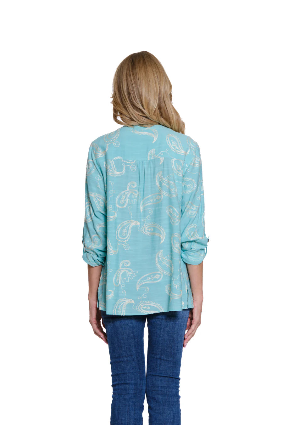 Multiples Tab Sleeve Tie Front Button Up Shirt Seafoam