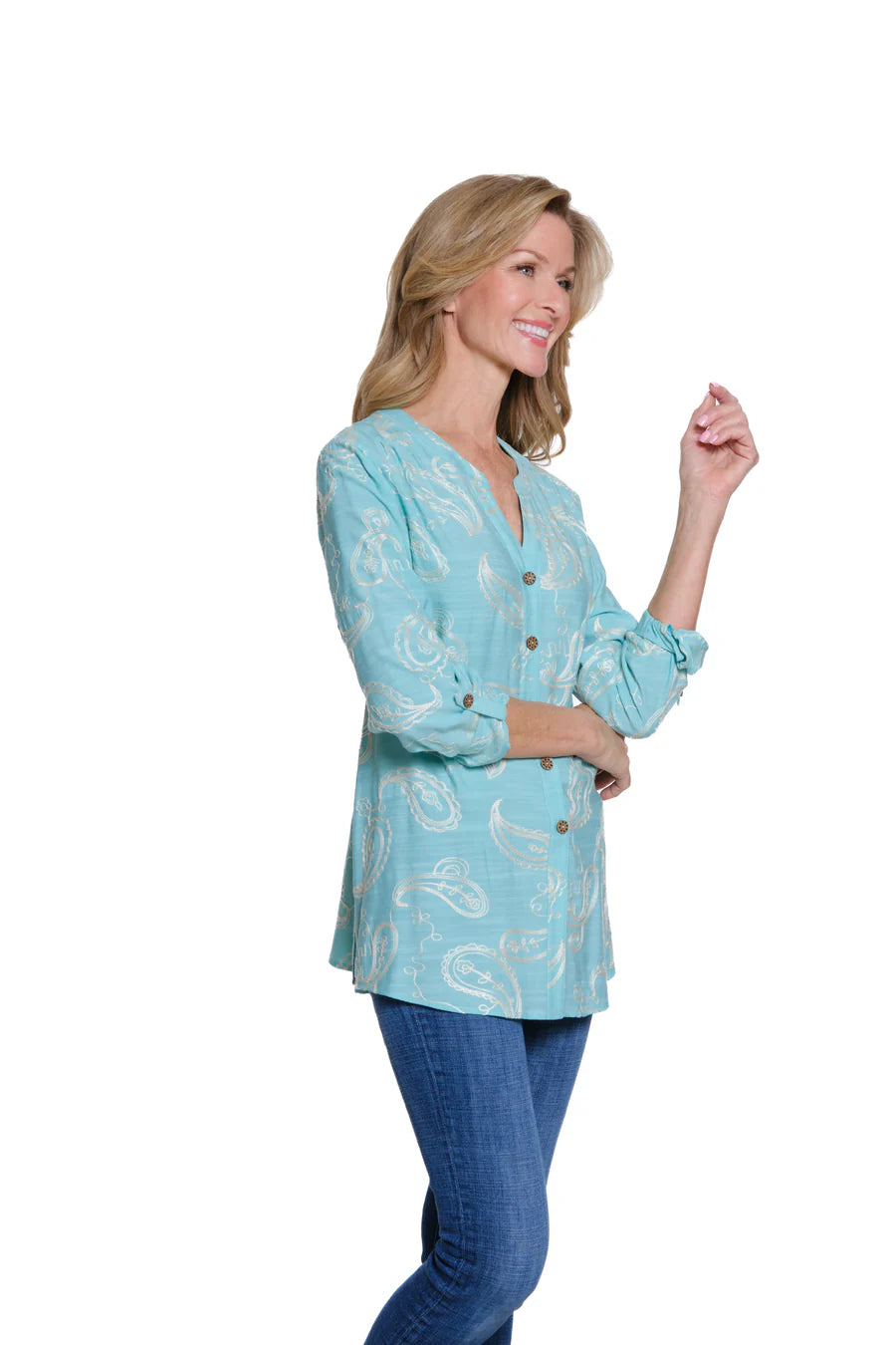 Multiples Tab Sleeve Tie Front Button Up Shirt Seafoam