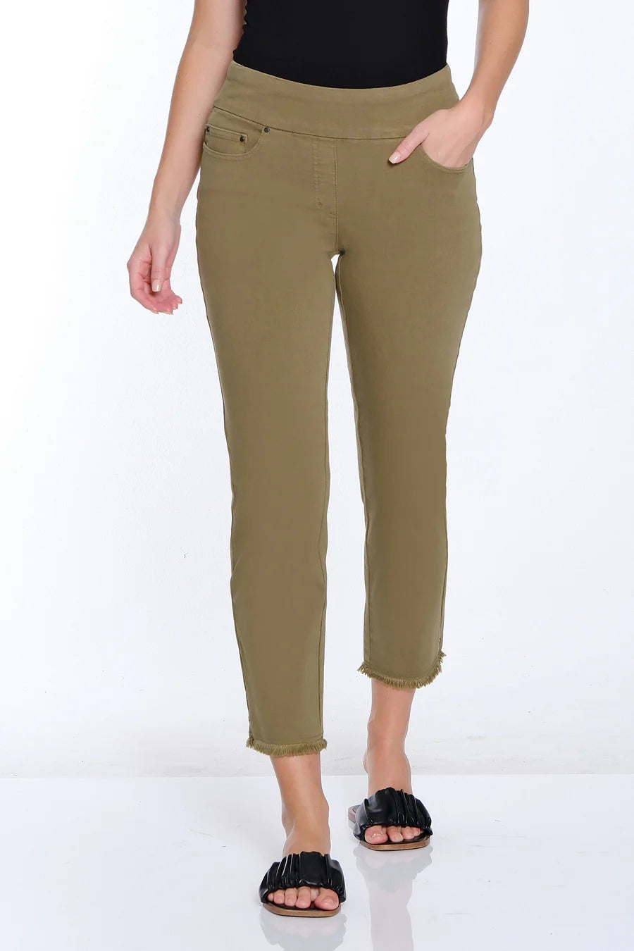 Multiples Pull On Fringe Hem Ankle Pant, Miss Green
