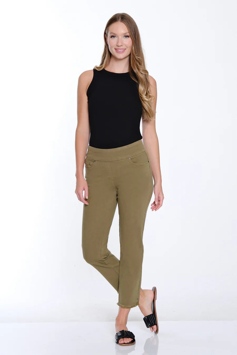 Multiples Pull On Fringe Hem Ankle Pant, Miss Green