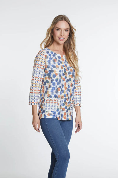 Multiples 3/4 Slv 2 Pocket Boat Neck Top Multi