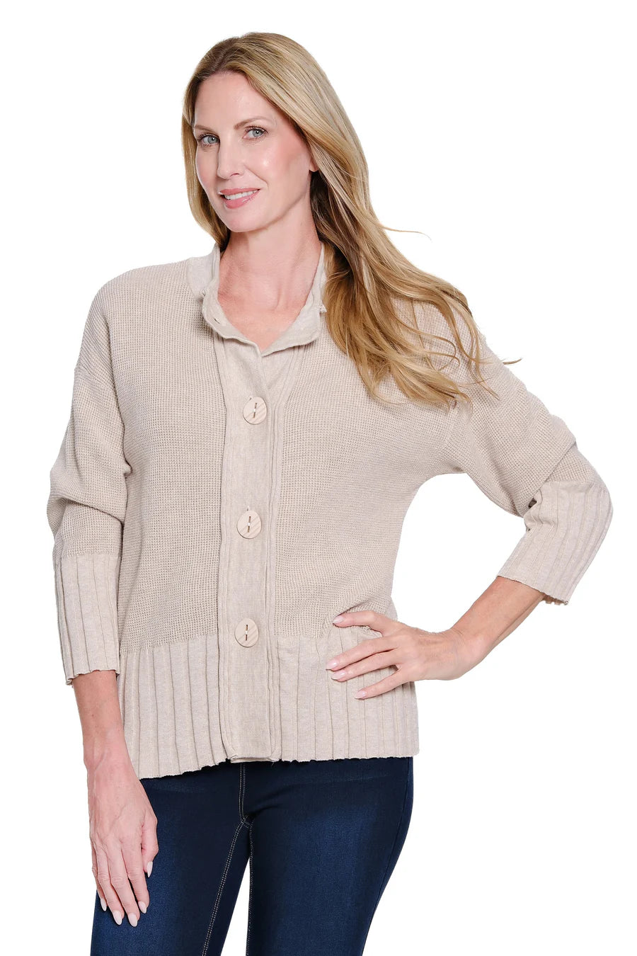 Multiples 3/4 Sleeve Drop Shoulder Button Front Sweater Cardigan Missy, Oatmeal