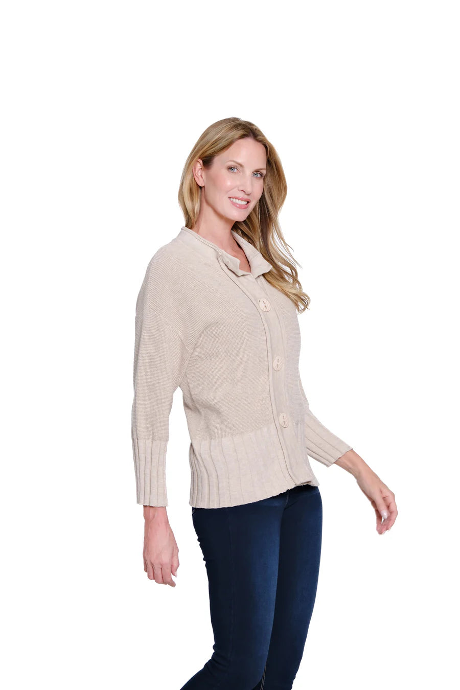 Multiples 3/4 Sleeve Drop Shoulder Button Front Sweater Cardigan Missy, Oatmeal