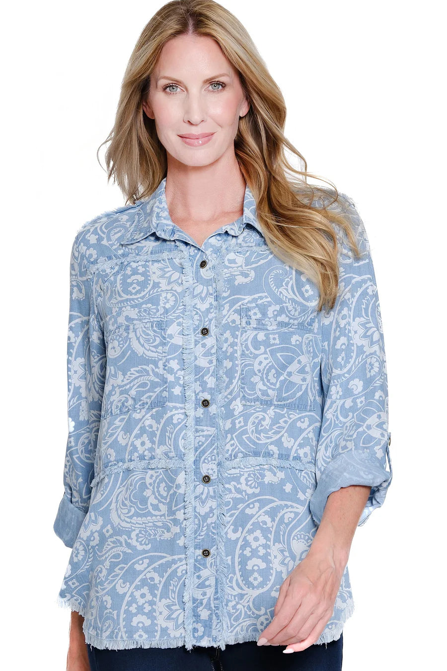 Multiples Roll Tab Long Sleeve 2 Pocket Button Front Fringed Shirt, Denim Print