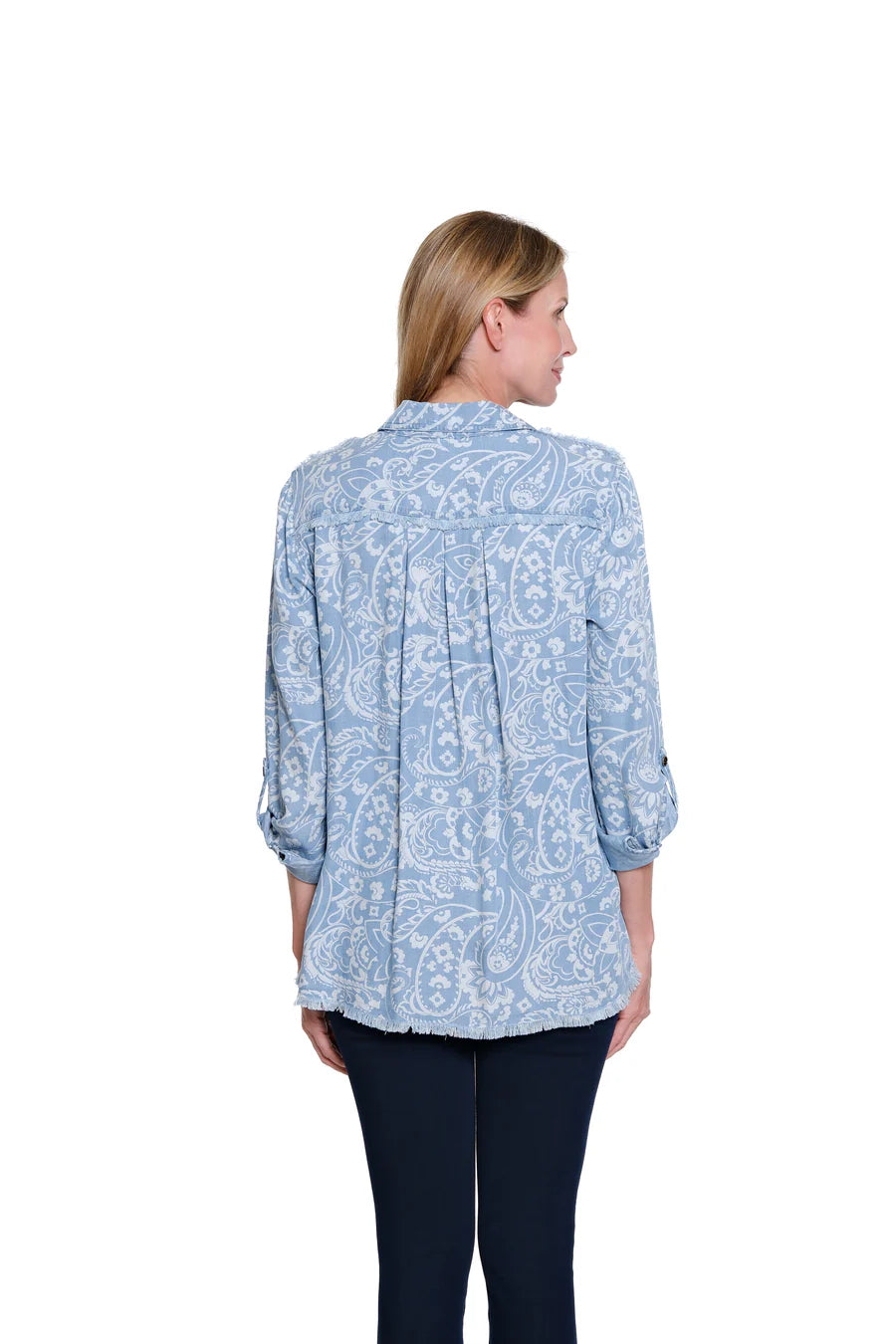 Multiples Roll Tab Long Sleeve 2 Pocket Button Front Fringed Shirt, Denim Print