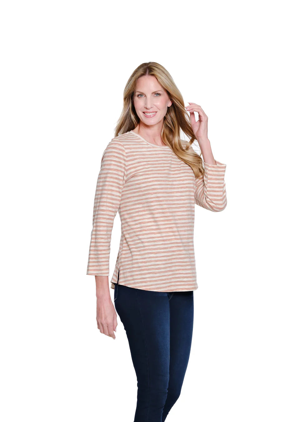 Multiples 3/4 Sleeve Scoop Neck Top With Shaped Hem, Pink