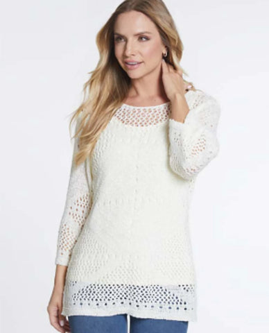 Multiples 3/4  Sleeve Wide Neck Sweater Top Ivory