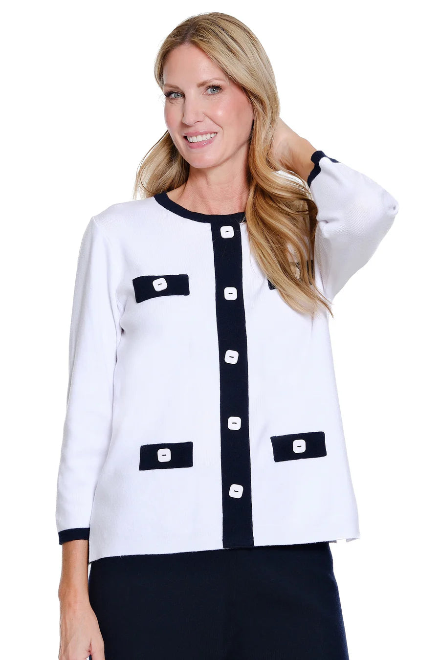 Multiples Faux Button Front Jacket Sweater, White