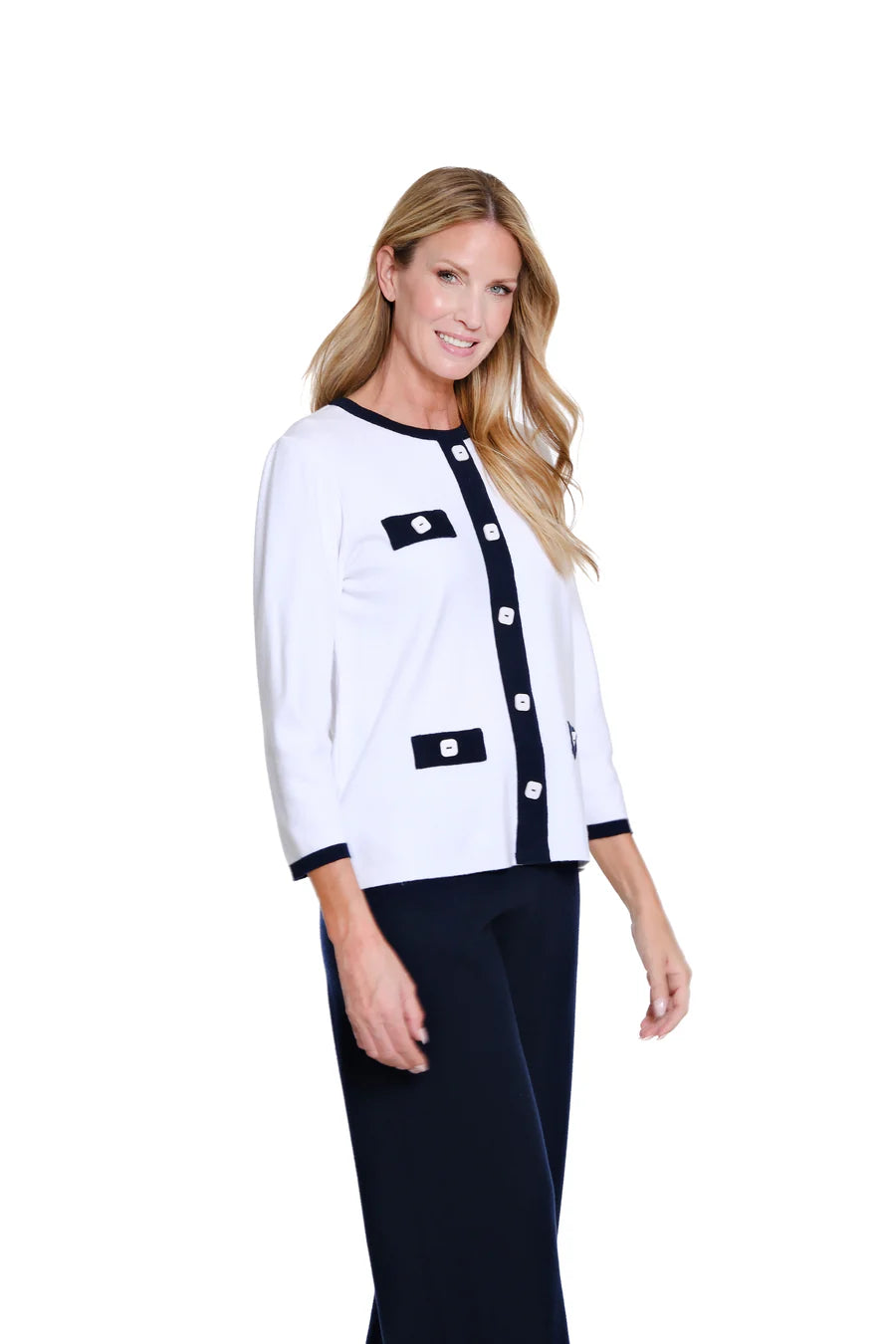 Multiples Faux Button Front Jacket Sweater, White