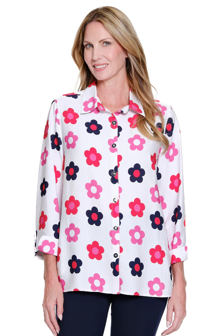 Multiples Turn Up Cuff 3/4 Sleeve Button Front Shirt, Multi