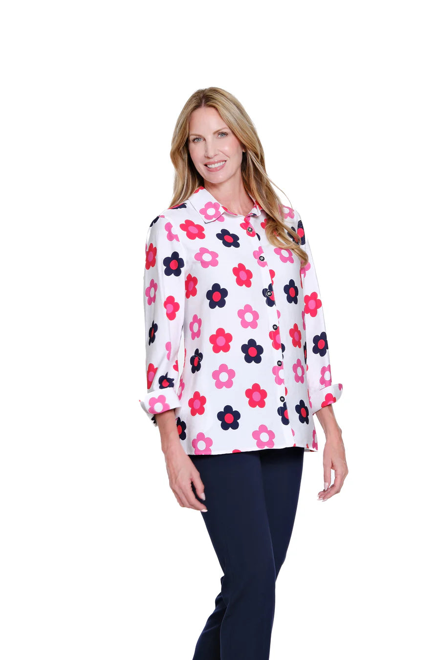 Multiples Turn Up Cuff 3/4 Sleeve Button Front Shirt, Multi