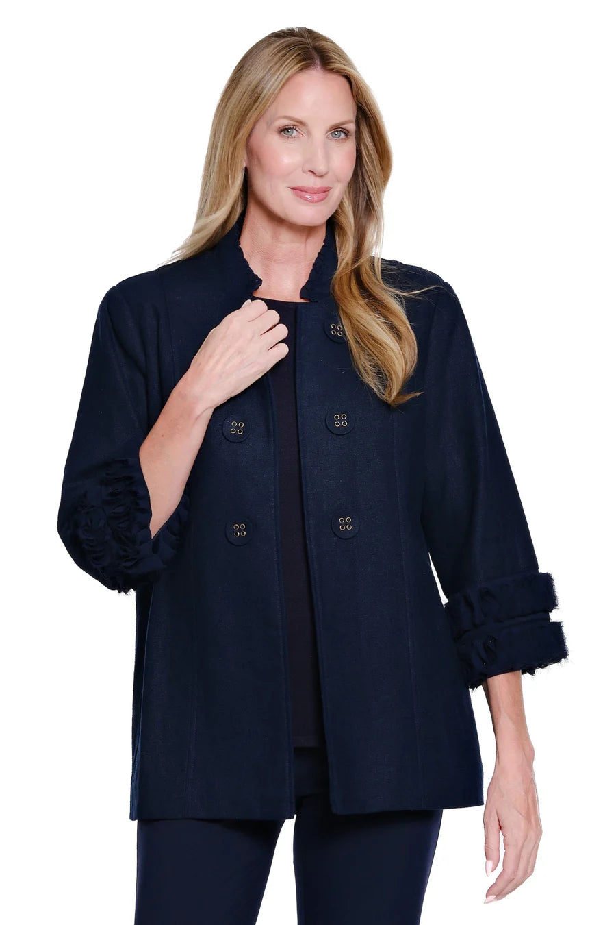 Multiples 3/4 Sleeve Stand Collar Double Button Lined Jacket, Midnight