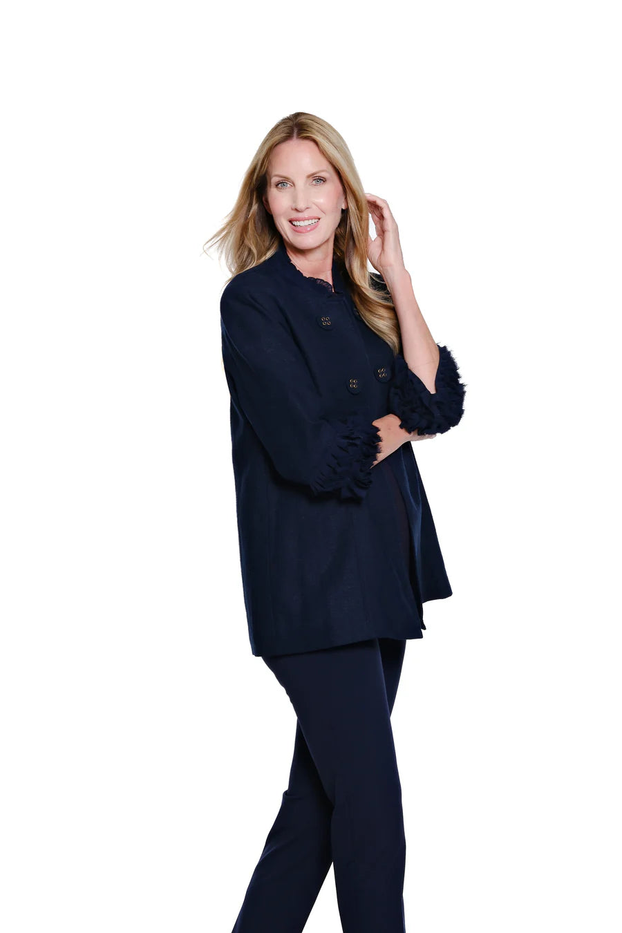 Multiples 3/4 Sleeve Stand Collar Double Button Lined Jacket, Midnight