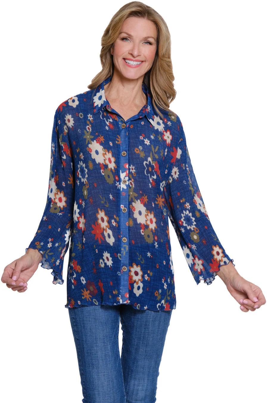 Multiples 3/4 Sleeve Button Front Pleated Shirt