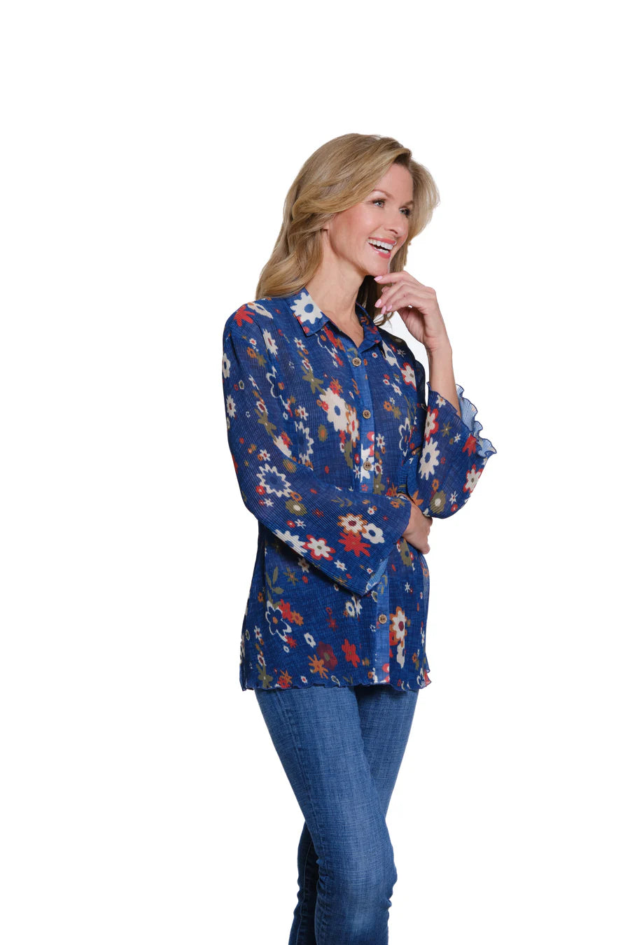 Multiples 3/4 Sleeve Button Front Pleated Shirt