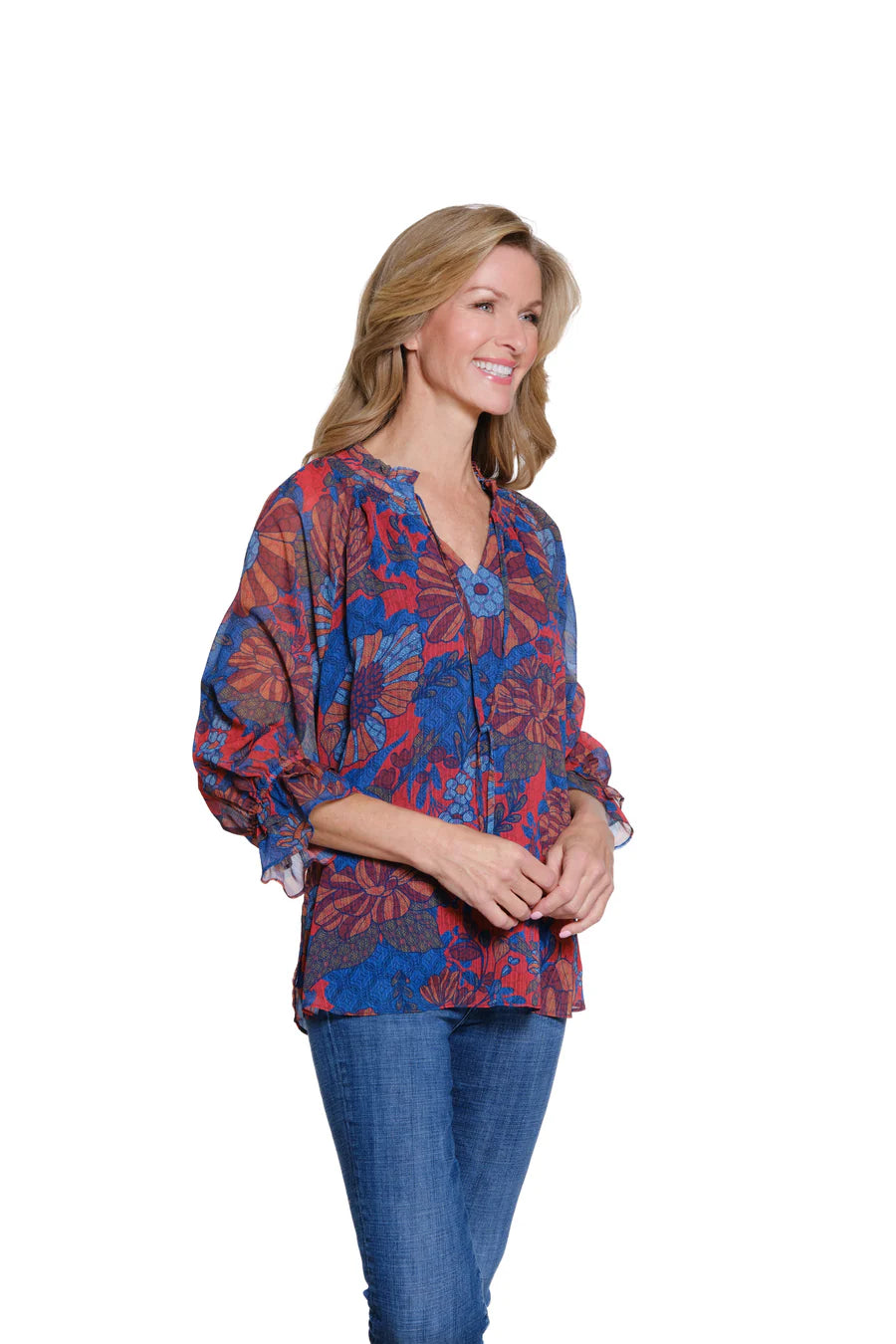 Multiples Double Flouce Raglan Tie Front Shirred Neck Top