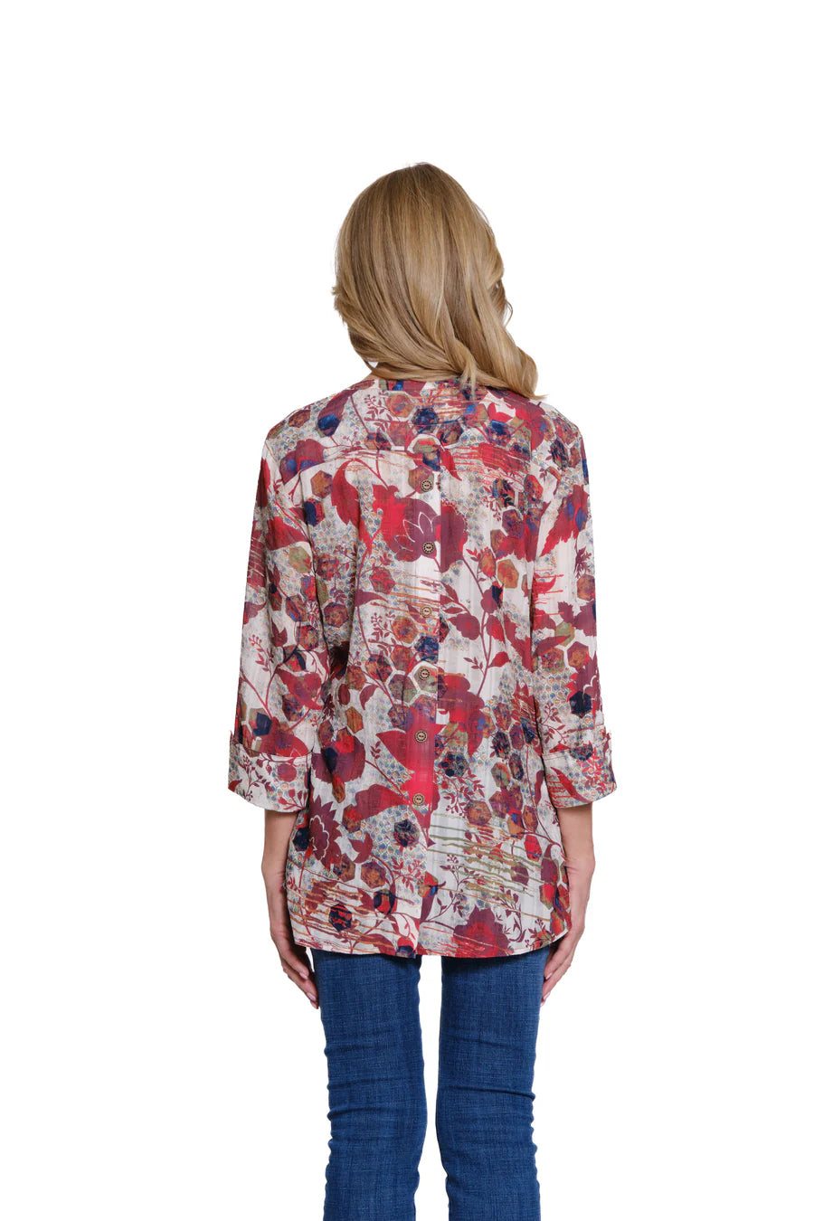 Multiples Turn Up Cuff Sleeve Band Collar Hi Lo Shirt