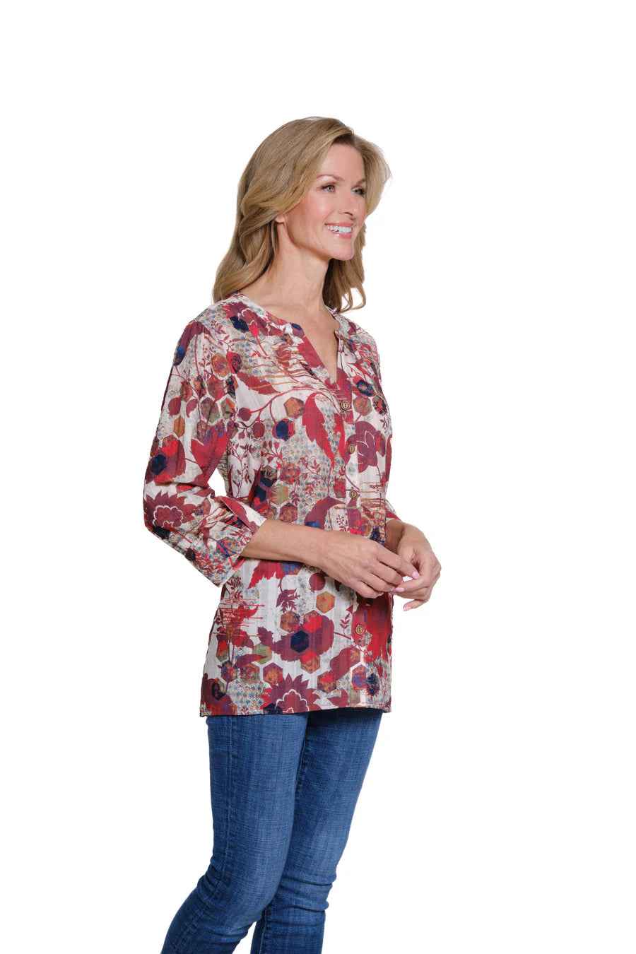 Multiples Turn Up Cuff Sleeve Band Collar Hi Lo Shirt