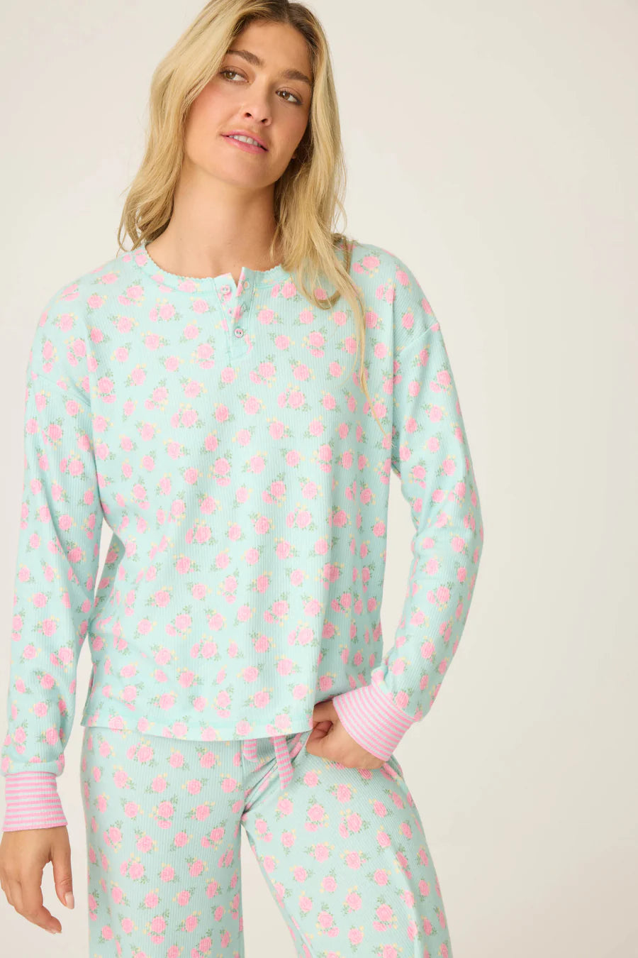 PJ Salvage Secret Garden Floral Long Sleeve Top, Light Mint