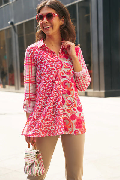 Multiples Roll Tab Cuffed L/S Button Front Shirt Pink Multi