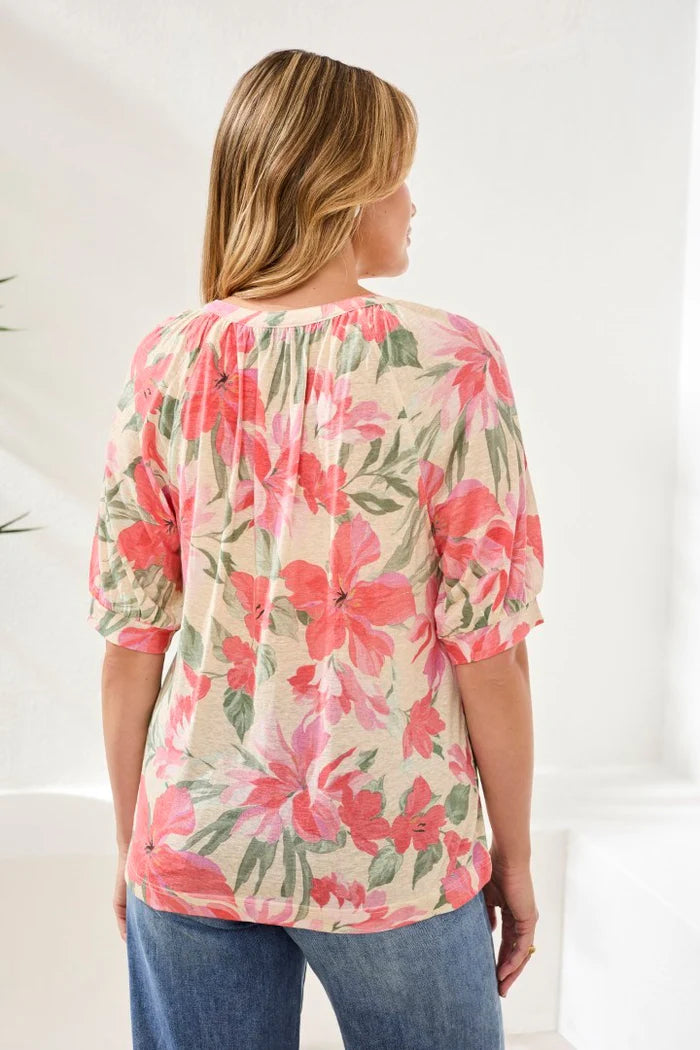 Tribal Printed Linen Elbow Sleeve Henley