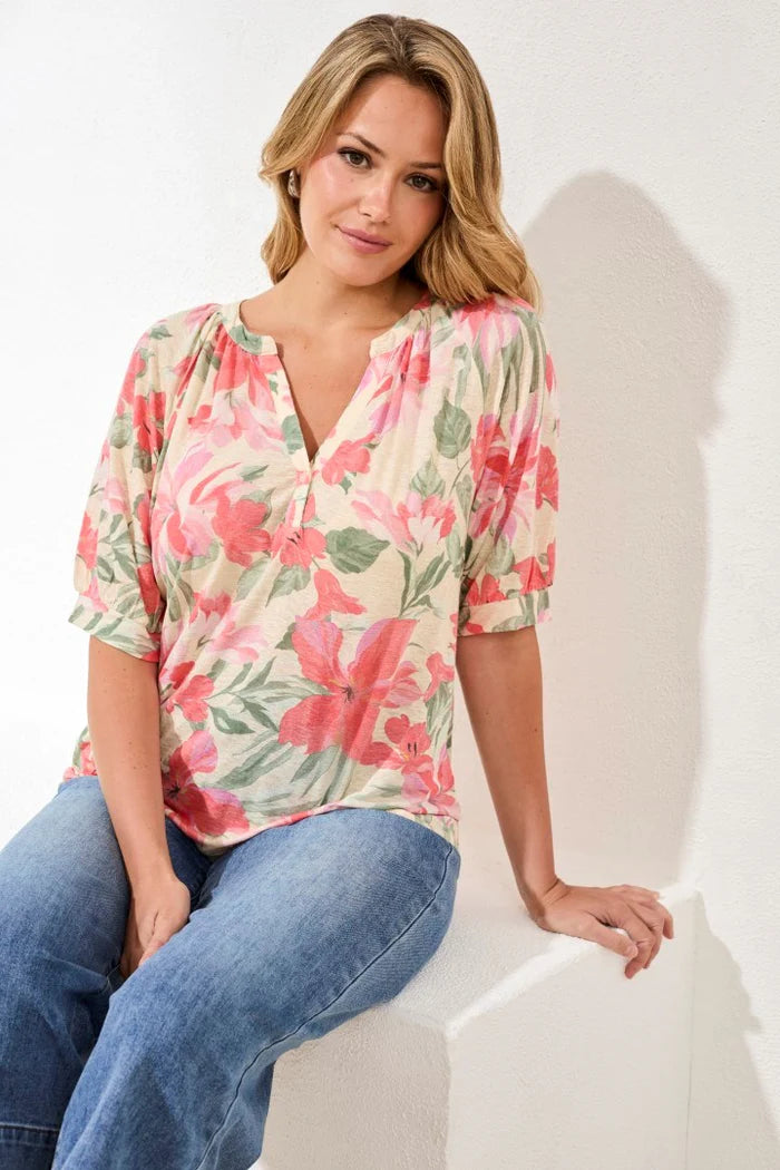 Tribal Printed Linen Elbow Sleeve Henley