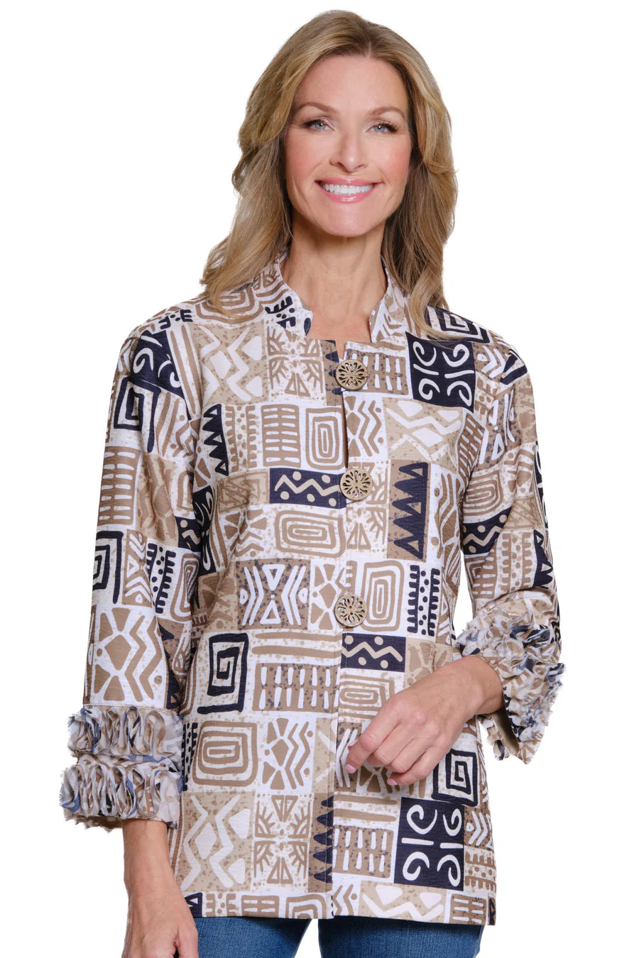 Multiples 3/4 Sleeve Stand Collar Loop & Button Closure Lined Jacket, Multi