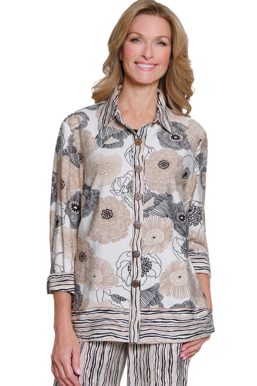 Multiples 1 Button Turn Up Cuff 3/4 Sleeve Button Front Shirt, Black Print