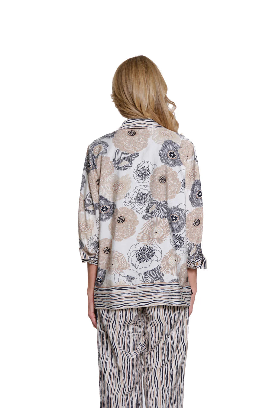 Multiples 1 Button Turn Up Cuff 3/4 Sleeve Button Front Shirt, Black Print