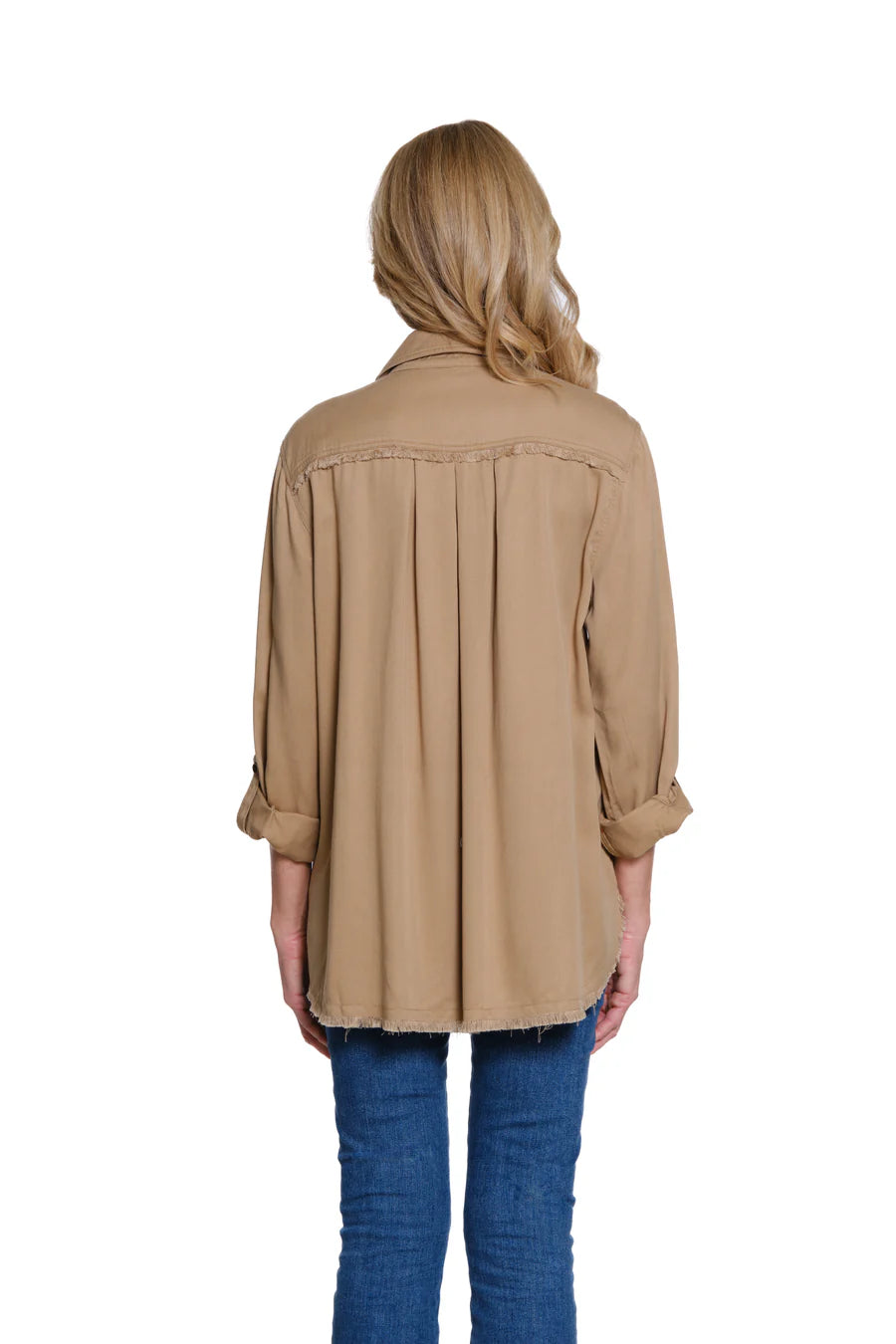 Multiples Roll Tab Long Sleeve 2 Pocket Fringed Shirt, Tan