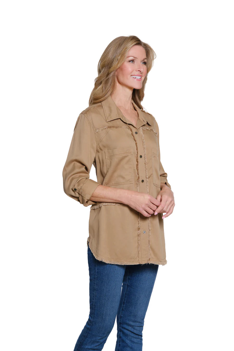 Multiples Roll Tab Long Sleeve 2 Pocket Fringed Shirt, Tan