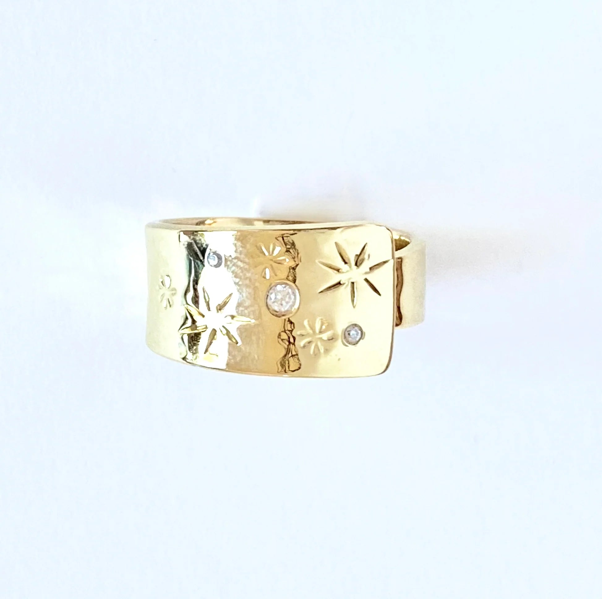 Ritual Wrap Around Brass Ring W/Stars & Clear Zirconia