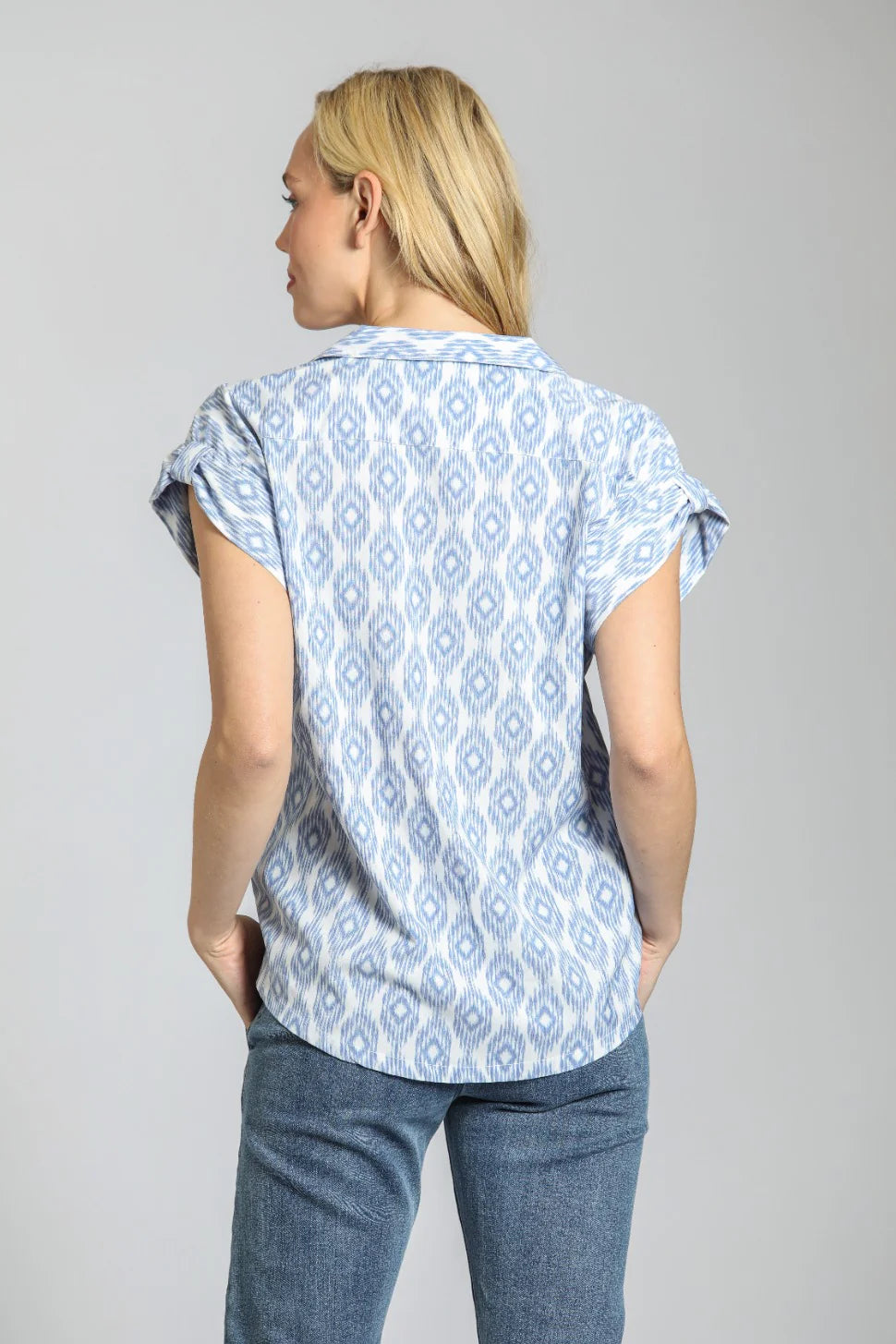 APNY Wrap Blouse W/Tabbed Cuff Blue/White