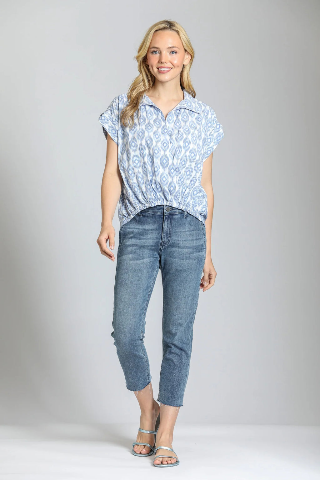 APNY Wrap Blouse W/Tabbed Cuff Blue/White