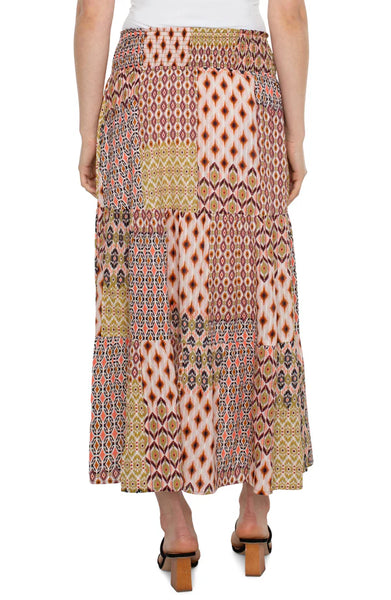 Liverpool Tiered Woven Maxi Skirt W/Smocked Waist Geo Patchwork