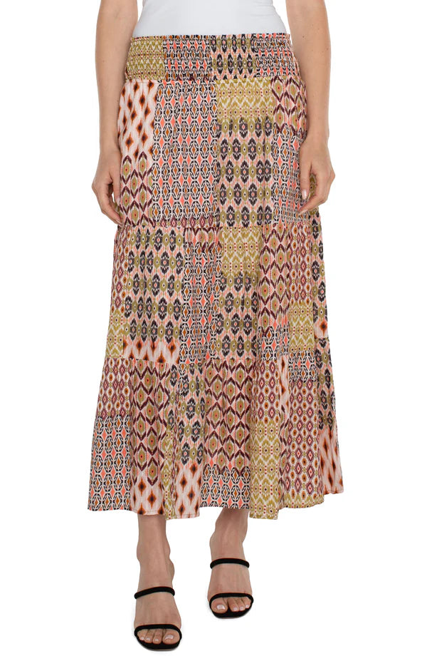 Liverpool Tiered Woven Maxi Skirt W/Smocked Waist Geo Patchwork