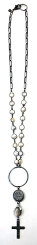 Lost & Found Edged Pearl Chain Ring Crystal & Cross Dangle Necklace