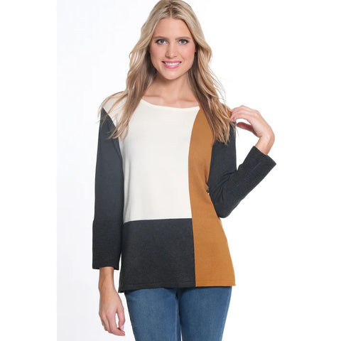 Multiples 3/4 Slv Jewel Neck Color Block Sweater Multi