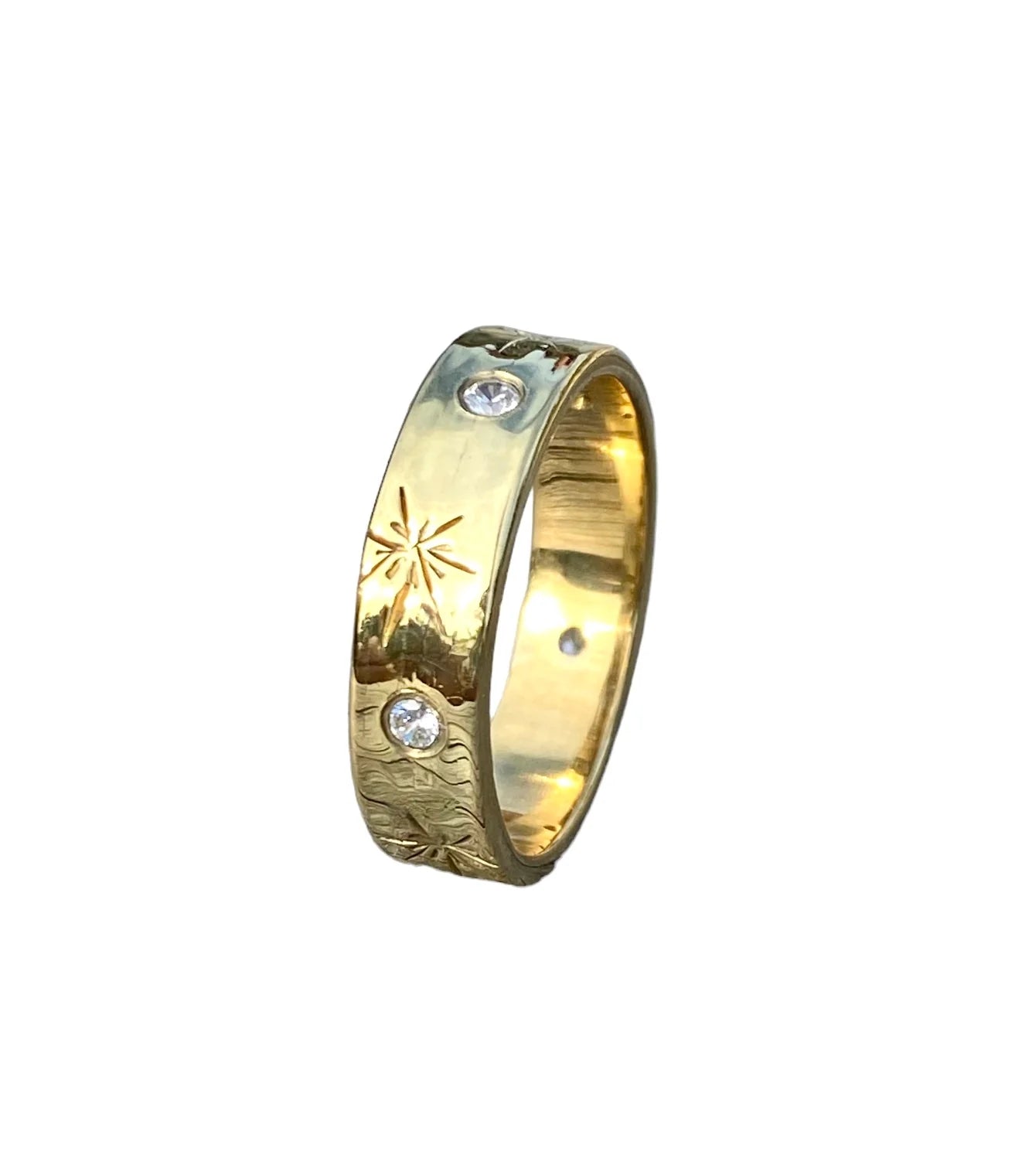Ritual Brass Band Ring W/Stars & Clear Zirconia Gems