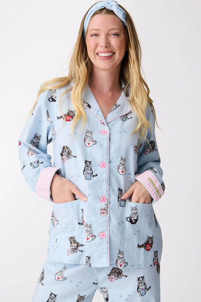 PJ Salvage Flannel Cats PJ Set Blue Tint