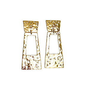 Ritual Hammered Brass W/Clear Zirconia Post Earrings W/Rectangle Dangles