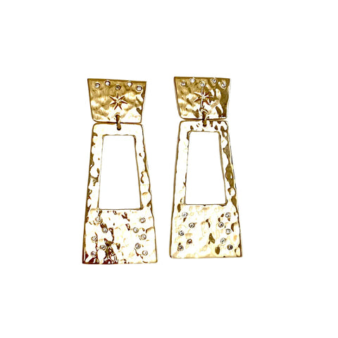 Ritual Hammered Brass W/Clear Zirconia Post Earrings W/Rectangle Dangles