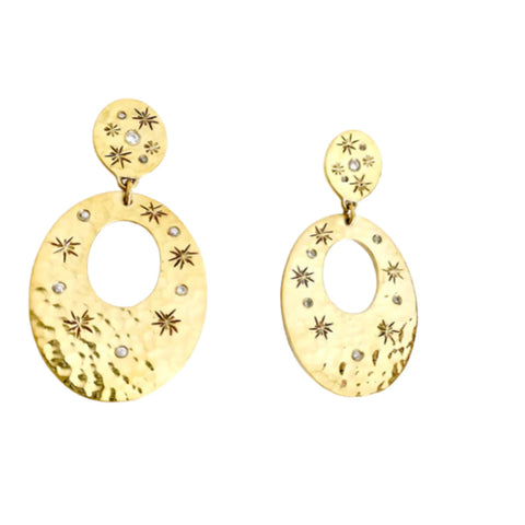 Ritual Hammered Brass Post Earrings W/Oval Stars & Zirconia Dangle