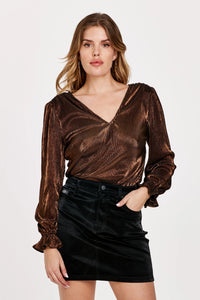 Another Love Peta Pleated Top Black W/Copper Foil