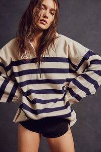 Free People Coastal Stripe Pullover Champagne Navy Combo