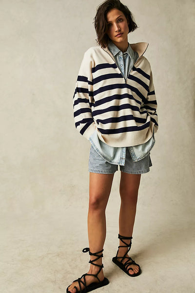 Free People Coastal Stripe Pullover Champagne Navy Combo