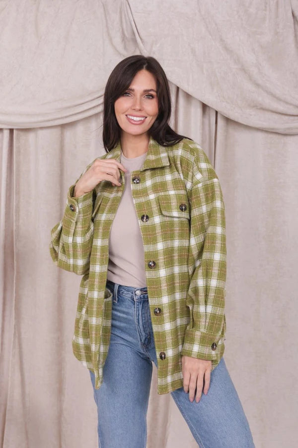 Mikarose Flannel Shirt Jacket In Bright Chartreuse Plaid