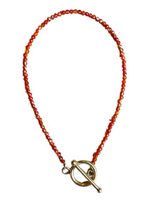 Ritual Fancy Cut Carnelian Gem Beaded Necklace W/Brass Toggle 31”